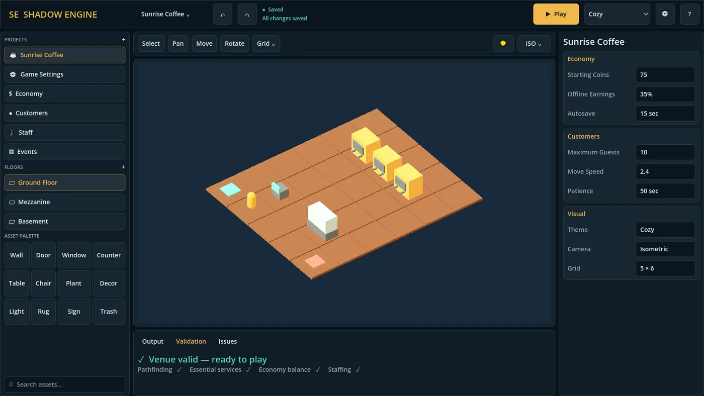 Shadow Engine editor showing the Sunrise Coffee venue workspace